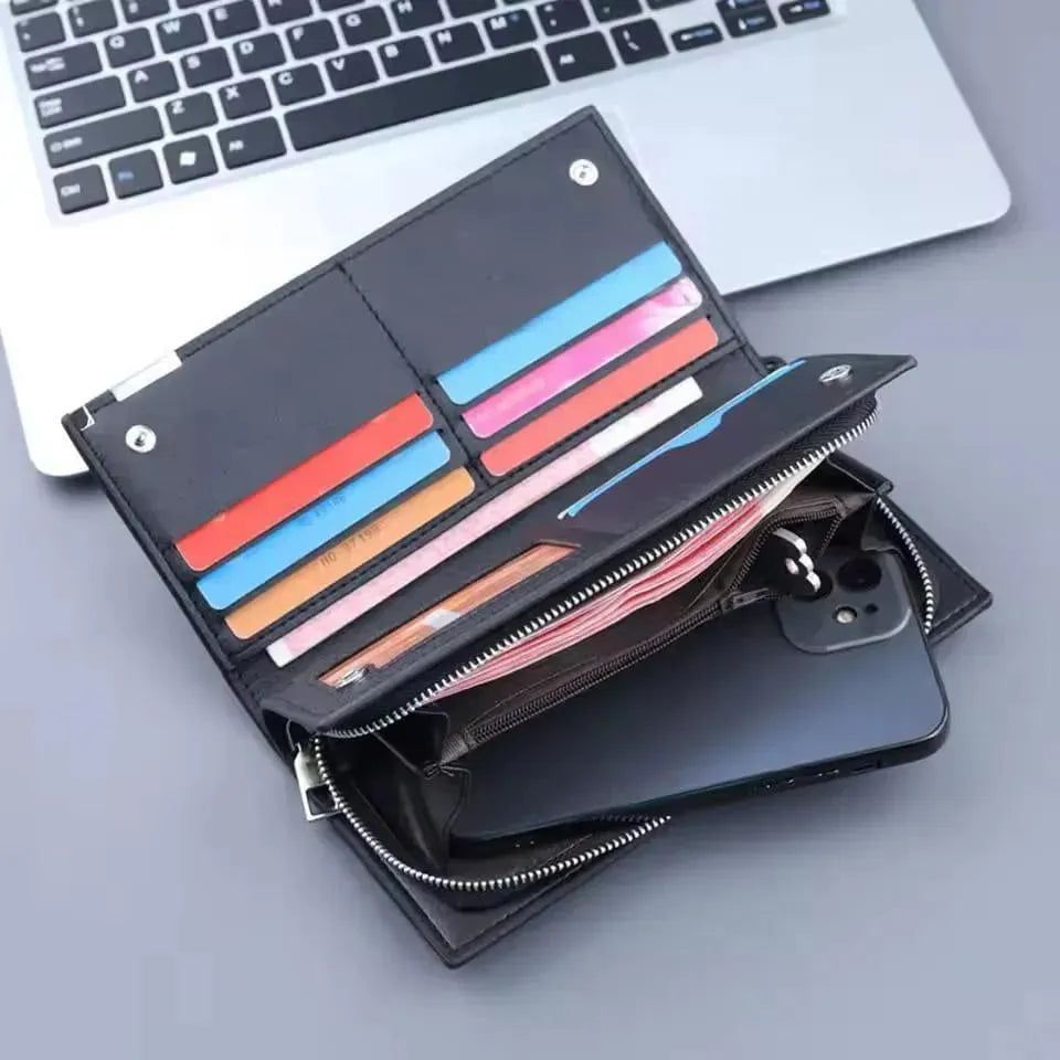 Unisex PU Leather Long Wallet Black Brown 6 Pockets