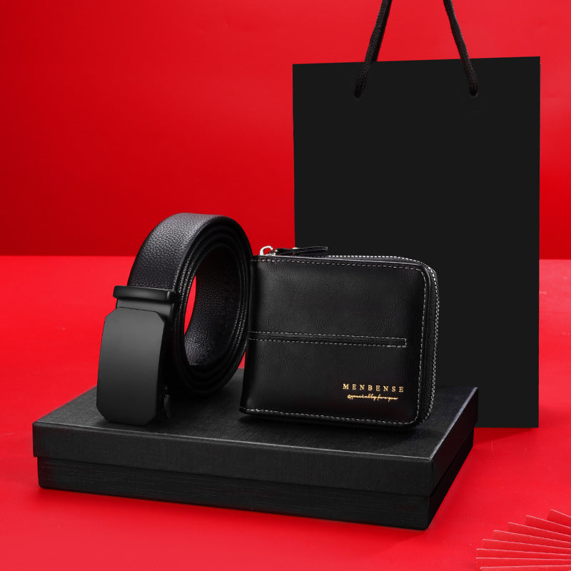 Men Leather Belt Wallet Set Black