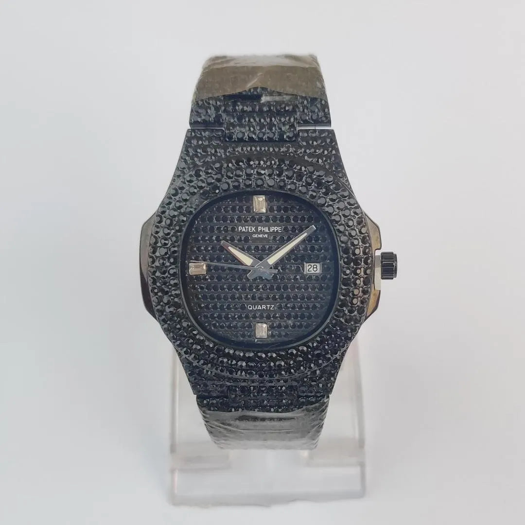 Men's Black Diamond Bezel Analog Watch Stainless Steel