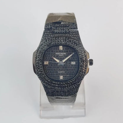 Men's Black Diamond Bezel Analog Watch Stainless Steel