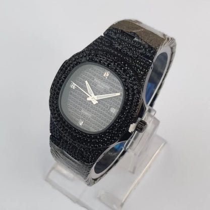 Men's Black Diamond Bezel Analog Watch Stainless Steel