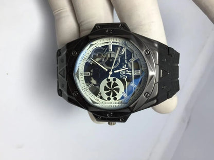 Men's Black Rubber Strap Skeletonized Watch with Turbine Sub-Dial