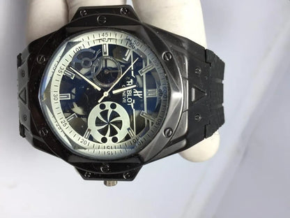 Men's Black Rubber Strap Skeletonized Watch with Turbine Sub-Dial