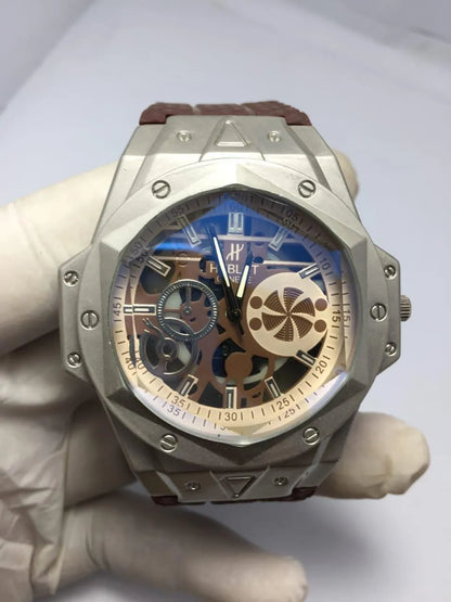 Men's Modern Skeletonized Watch Brown Strap 6mm