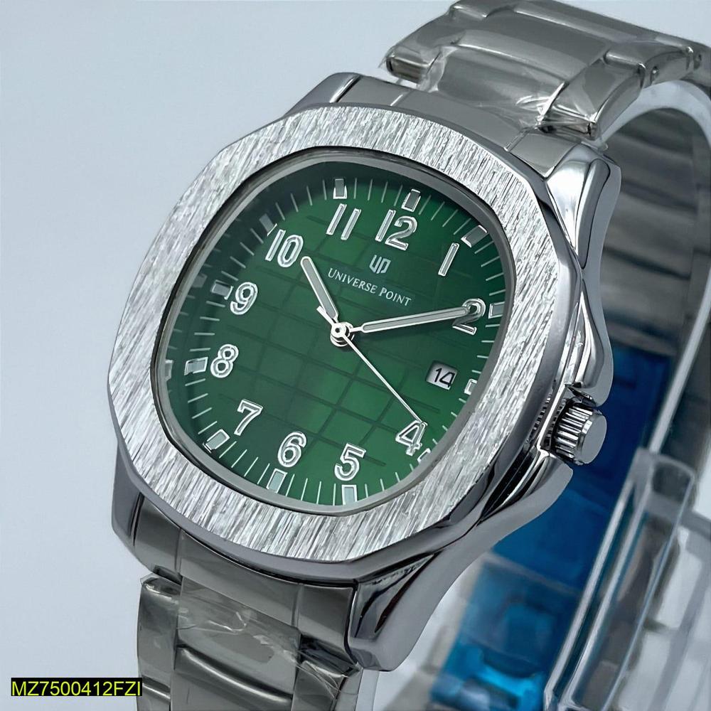 Men's Stainless Steel Green Dial Watch with Date Display