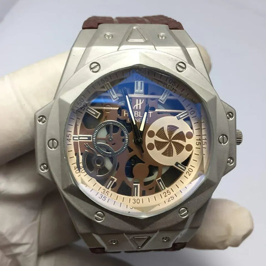 Modern Skeletonized Brown Strap watch