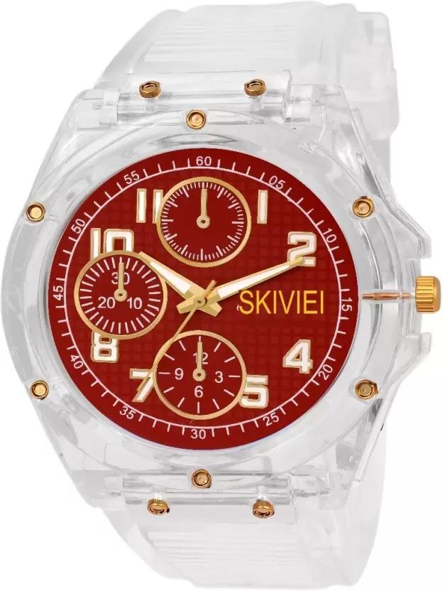 Transparent Analog Watch for Boys with Red Dial and Gold Accents