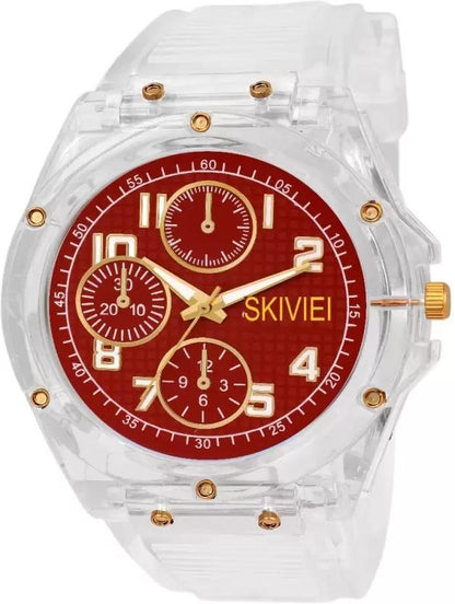 Transparent Analog Watch for Boys with Red Dial and Gold Accents