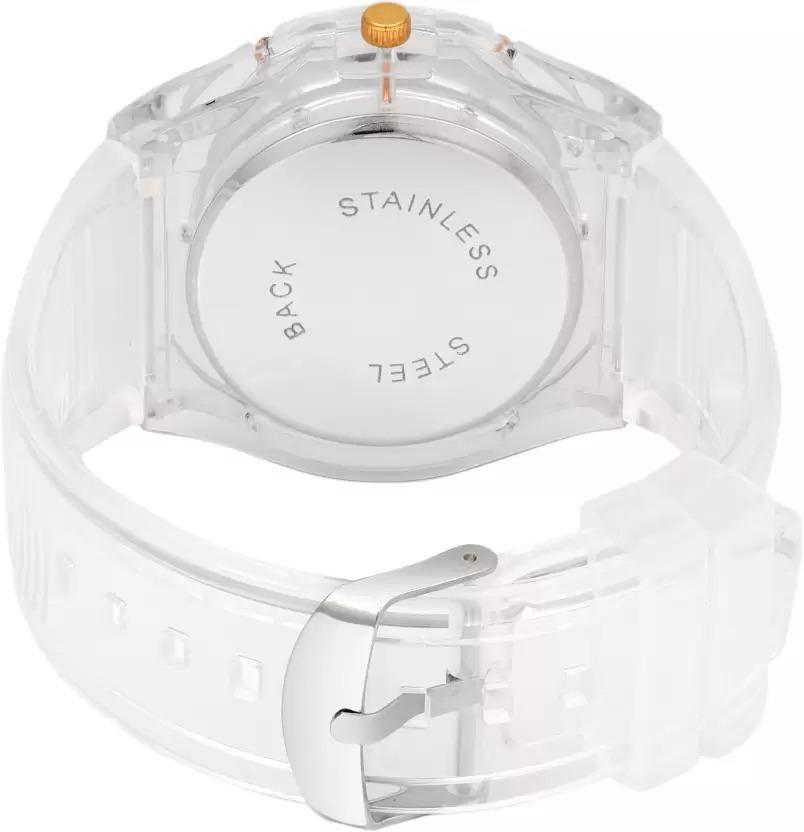Transparent Analog Watch for Boys with Red Dial and Gold Accents