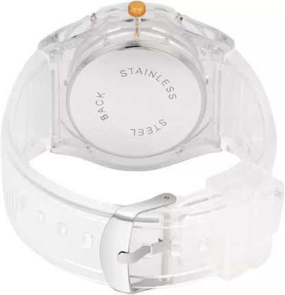 Transparent Analog Watch for Boys with Red Dial and Gold Accents