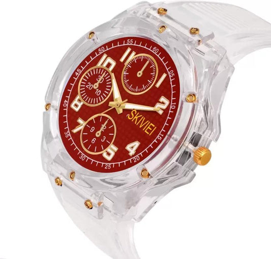 Transparent Analog with Red Dial and Gold Accents