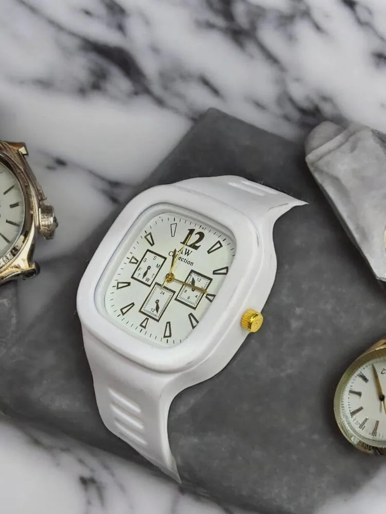 White Square Analog with Gold Accents watch